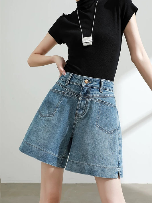 Blue denim shorts women's 2025 summer thin slim loose versatile a-line high waist retro wide leg hot pants