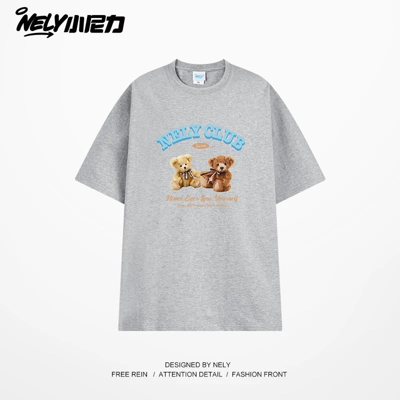 NELY American retro bear print cotton short-sleeved T-shirt for men and women summer 2025 new round neck T-shirt