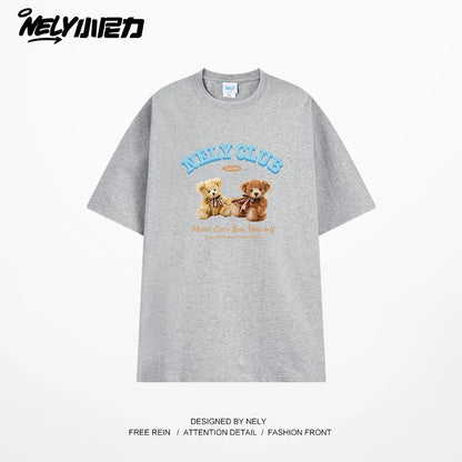 NELY American retro bear print cotton short-sleeved T-shirt for men and women summer 2025 new round neck T-shirt