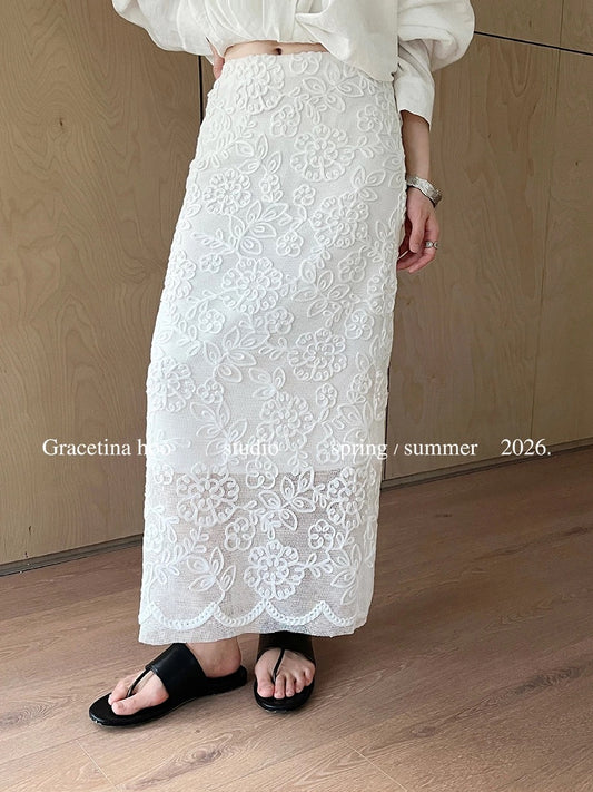 GRACETINA HOO - New French-style hollowed-out heavy-duty coiled rope embroidery lazy and casual versatile midi skirt BQA865