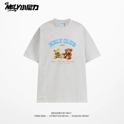 NELY American retro bear print cotton short-sleeved T-shirt for men and women summer 2025 new round neck T-shirt