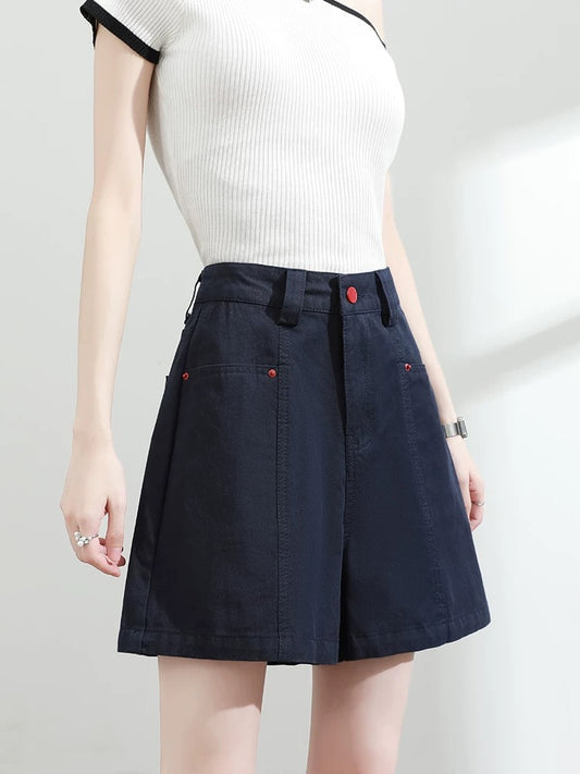 100% cotton denim shorts women 2025 summer thin high waist loose slim navy blue wide leg a-line hot pants