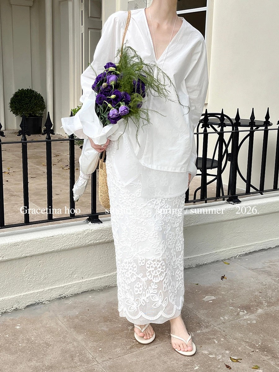 GRACETINA HOO - New French-style hollowed-out heavy-duty coiled rope embroidery lazy and casual versatile midi skirt BQA865