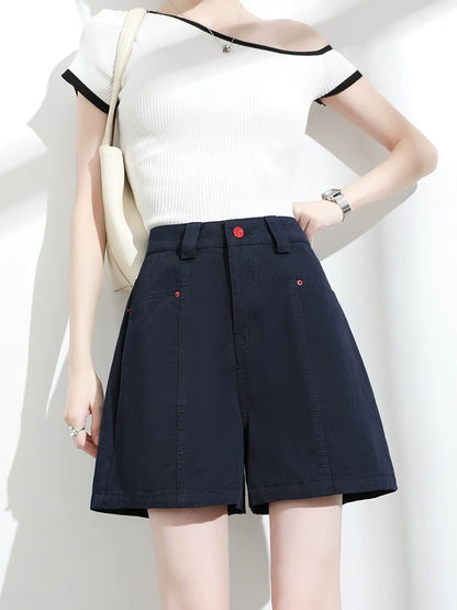 100% cotton denim shorts women 2025 summer thin high waist loose slim navy blue wide leg a-line hot pants