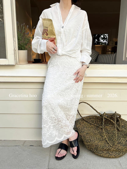 GRACETINA HOO - New French-style hollowed-out heavy-duty coiled rope embroidery lazy and casual versatile midi skirt BQA865