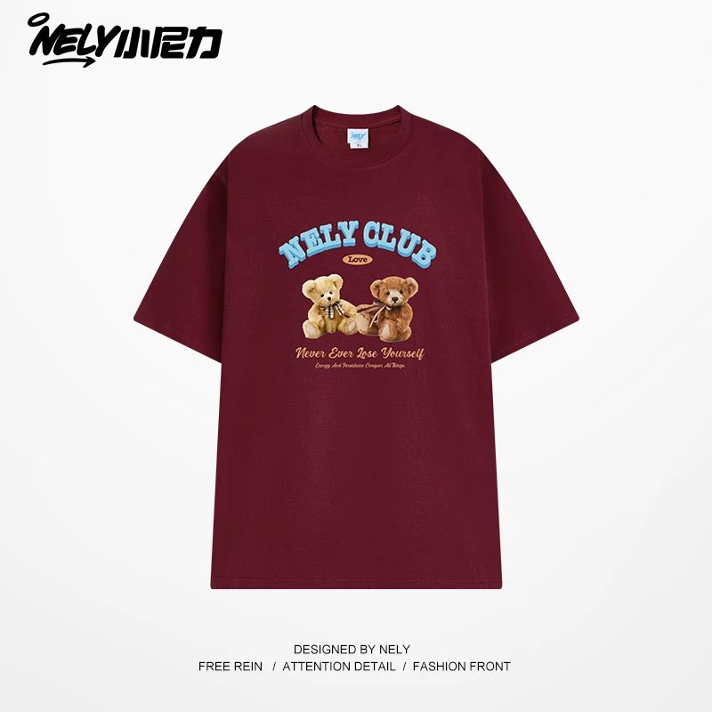 NELY American retro bear print cotton short-sleeved T-shirt for men and women summer 2025 new round neck T-shirt