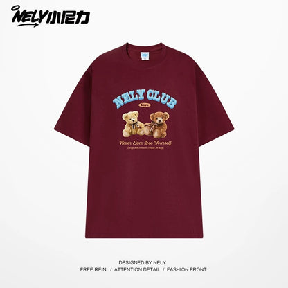 NELY American retro bear print cotton short-sleeved T-shirt for men and women summer 2025 new round neck T-shirt
