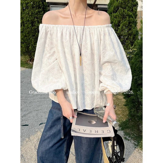 GRACETINA HOO - Retro Heavy-Duty Geometric Embroidery Textured Off-Shoulder Top CSA858