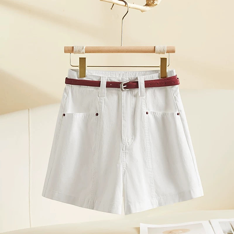 100% cotton denim shorts women 2025 summer thin high waist loose slim navy blue wide leg a-line hot pants