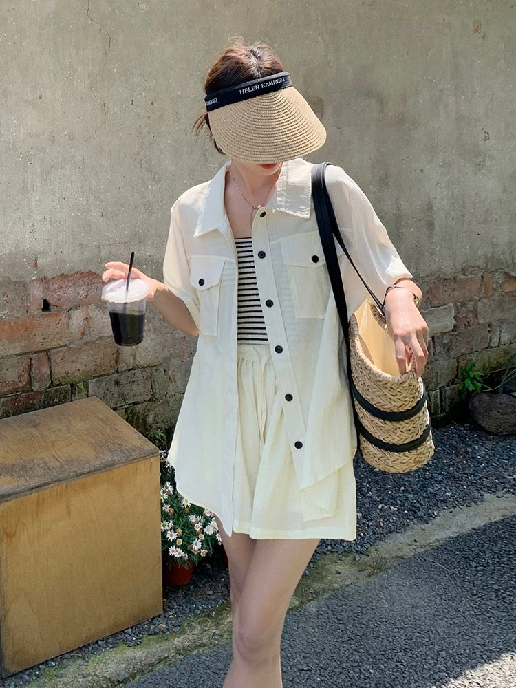 This year's popular fashion casual suits for women in summer 2024 new complete sets with suspenders cardigan shorts three-piece set