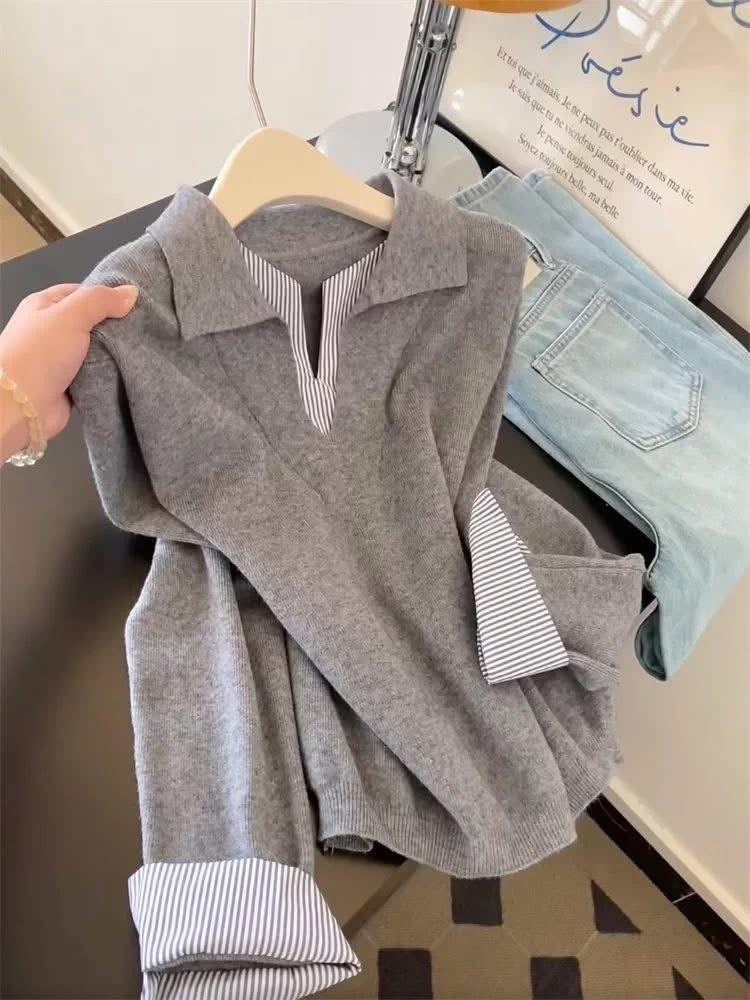 A must-have! This women's striped collared, layered knit sweater is a new autumn/winter style with a preppy vibe and versatile design.