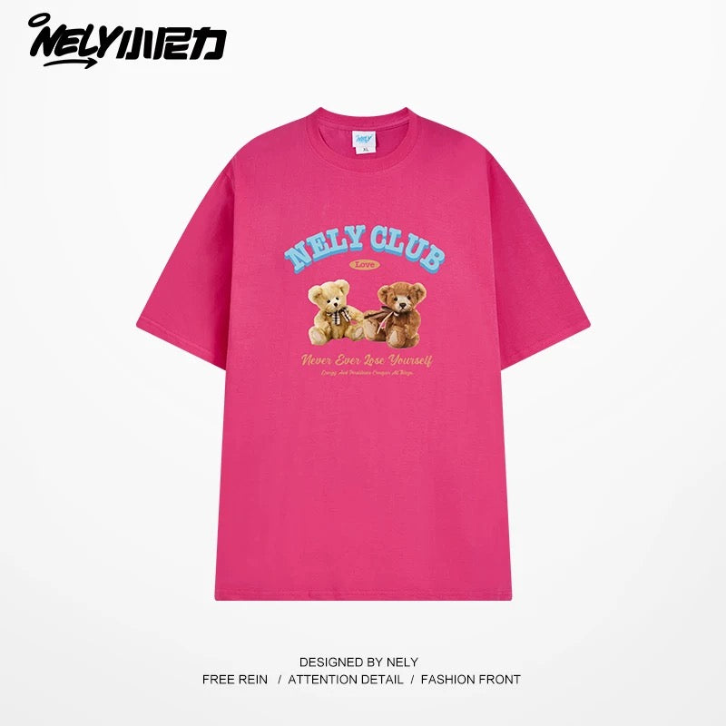 NELY American retro bear print cotton short-sleeved T-shirt for men and women summer 2025 new round neck T-shirt