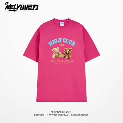 NELY American retro bear print cotton short-sleeved T-shirt for men and women summer 2025 new round neck T-shirt