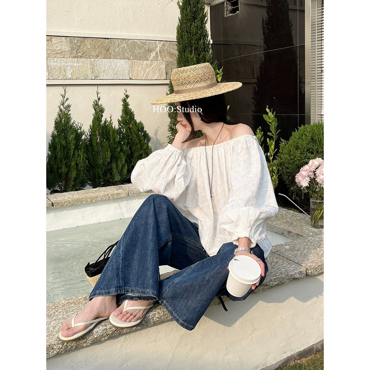 GRACETINA HOO - Retro Heavy-Duty Geometric Embroidery Textured Off-Shoulder Top CSA858