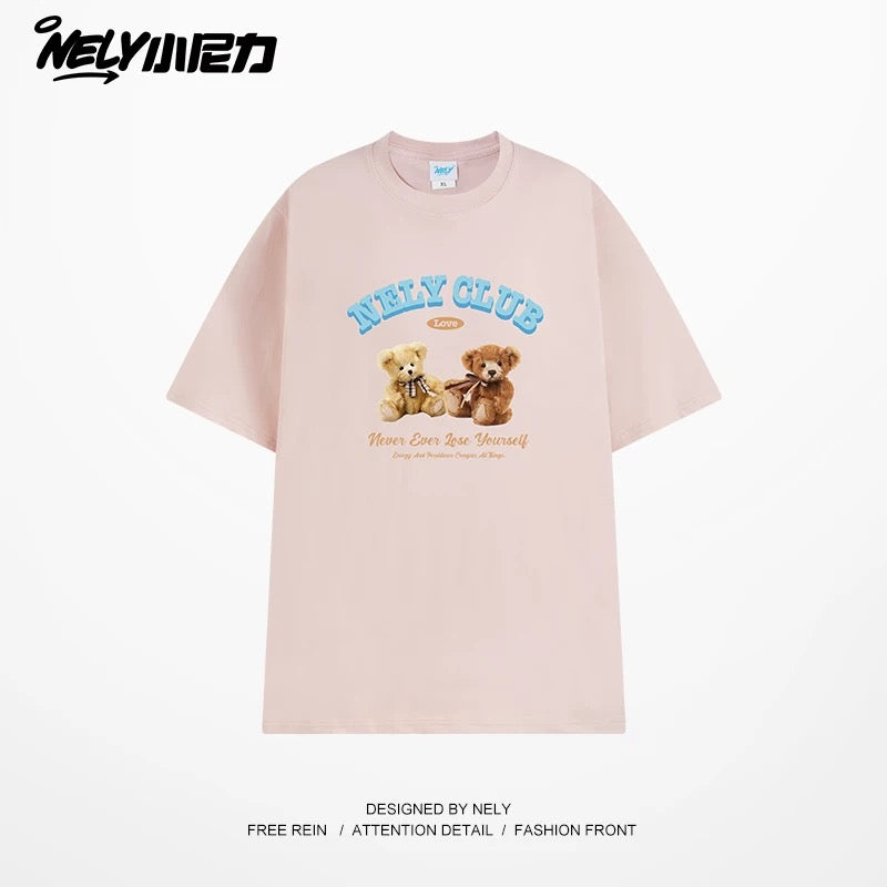 NELY American retro bear print cotton short-sleeved T-shirt for men and women summer 2025 new round neck T-shirt