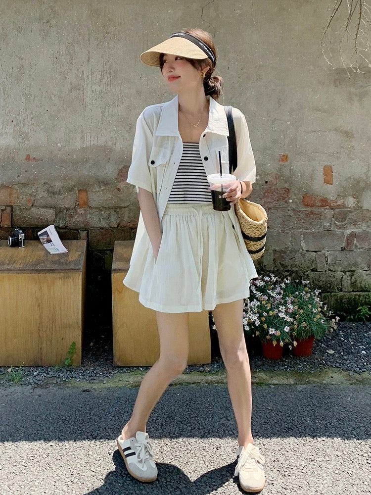This year's popular fashion casual suits for women in summer 2024 new complete sets with suspenders cardigan shorts three-piece set