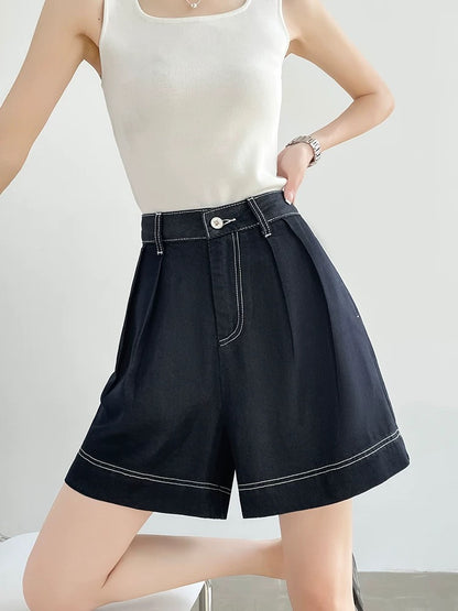 Denim blue sky silk soft denim shorts women's summer new high waist loose slim straight 5-point shorts thin