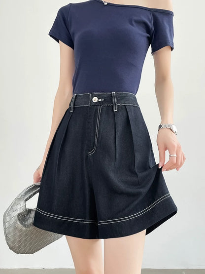 Denim blue sky silk soft denim shorts women's summer new high waist loose slim straight 5-point shorts thin