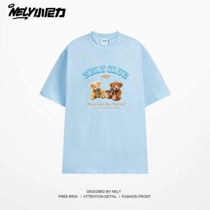 NELY American retro bear print cotton short-sleeved T-shirt for men and women summer 2025 new round neck T-shirt