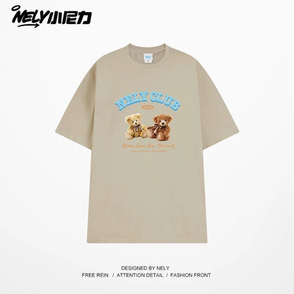 NELY American retro bear print cotton short-sleeved T-shirt for men and women summer 2025 new round neck T-shirt