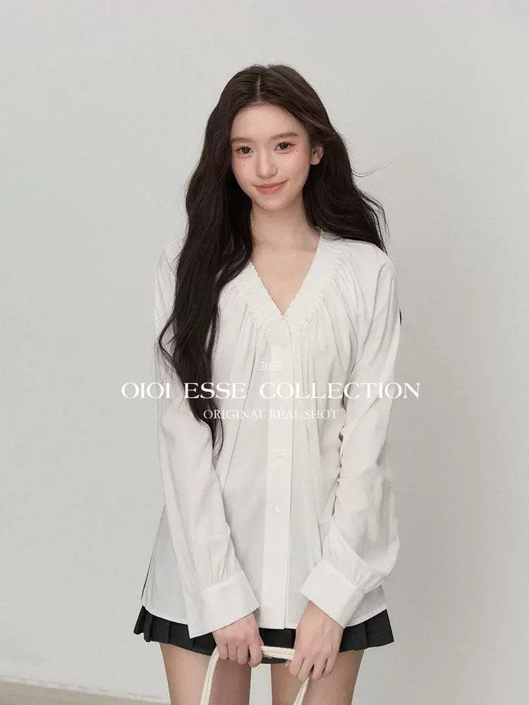 OIOI ESSE / "Morning Breeze" Tencel French Style White V-Neck Shirt Women's Summer Simple and Versatile Top