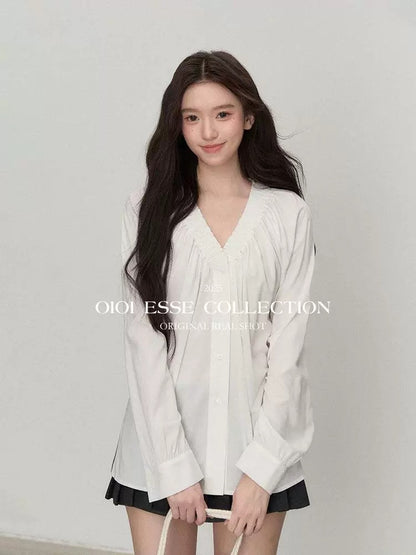OIOI ESSE / "Morning Breeze" Tencel French Style White V-Neck Shirt Women's Summer Simple and Versatile Top