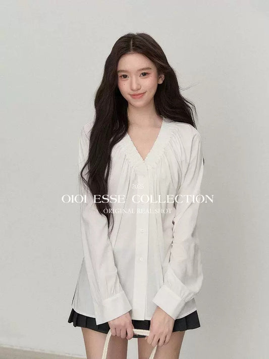 OIOI ESSE / "Morning Breeze" Tencel French Style White V-Neck Shirt Women's Summer Simple and Versatile Top