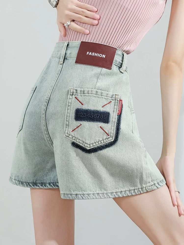 American contrast color denim shorts women's summer thin high waist slimming loose versatile hot girl wide leg A-line hot pants trend