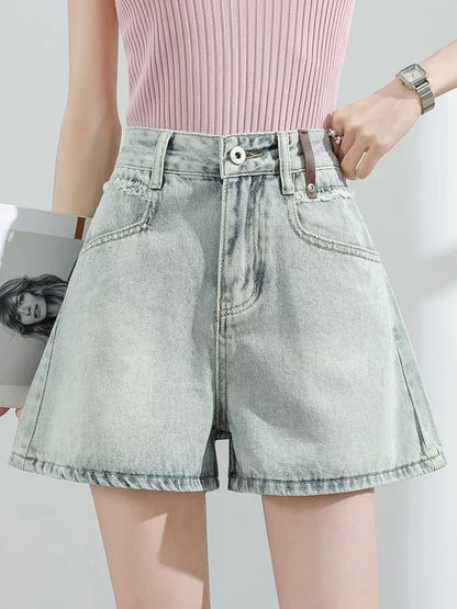 American contrast color denim shorts women's summer thin high waist slimming loose versatile hot girl wide leg A-line hot pants trend