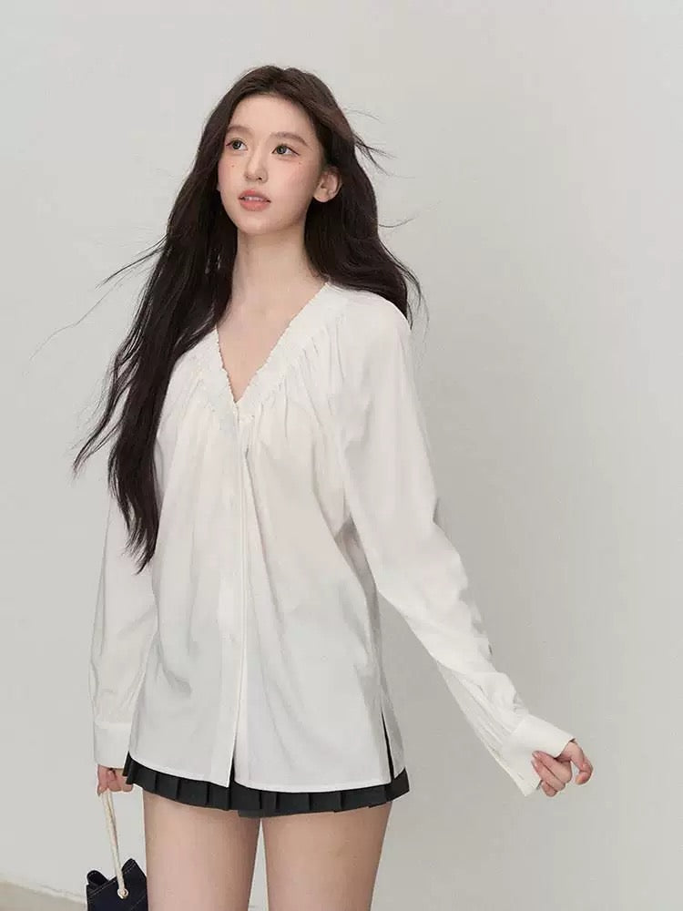 OIOI ESSE / "Morning Breeze" Tencel French Style White V-Neck Shirt Women's Summer Simple and Versatile Top