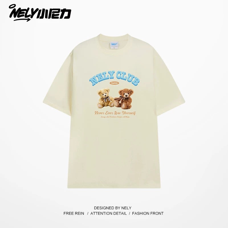 NELY American retro bear print cotton short-sleeved T-shirt for men and women summer 2025 new round neck T-shirt