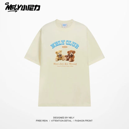 NELY American retro bear print cotton short-sleeved T-shirt for men and women summer 2025 new round neck T-shirt