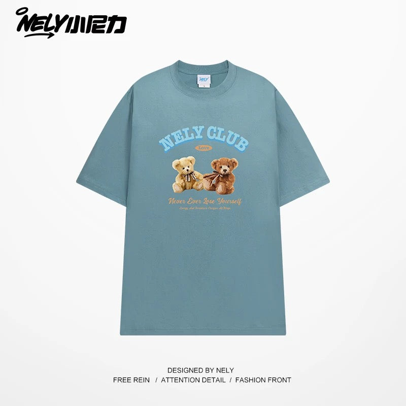 NELY American retro bear print cotton short-sleeved T-shirt for men and women summer 2025 new round neck T-shirt