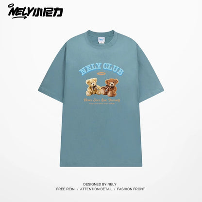 NELY American retro bear print cotton short-sleeved T-shirt for men and women summer 2025 new round neck T-shirt