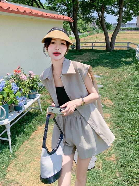 Apricot Korean high-end shorts suit for women summer 2024 new sleeveless shirt casual temperament two-piece set