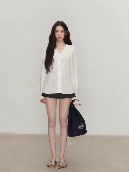 OIOI ESSE / "Morning Breeze" Tencel French Style White V-Neck Shirt Women's Summer Simple and Versatile Top