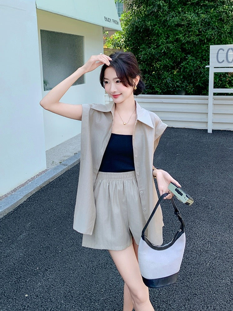 Apricot Korean high-end shorts suit for women summer 2024 new sleeveless shirt casual temperament two-piece set