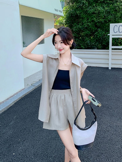 Apricot Korean high-end shorts suit for women summer 2024 new sleeveless shirt casual temperament two-piece set