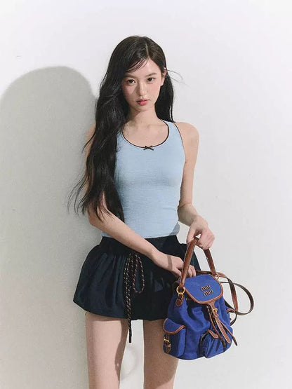 OIOI ESSE Color-Blocked Bow Tank Top for Women, Summer Textured Top