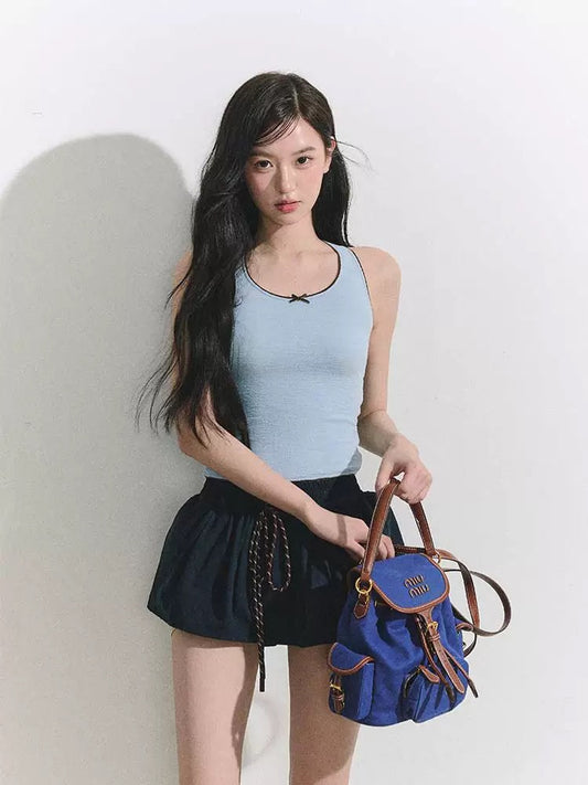OIOI ESSE Color-Blocked Bow Tank Top for Women, Summer Textured Top