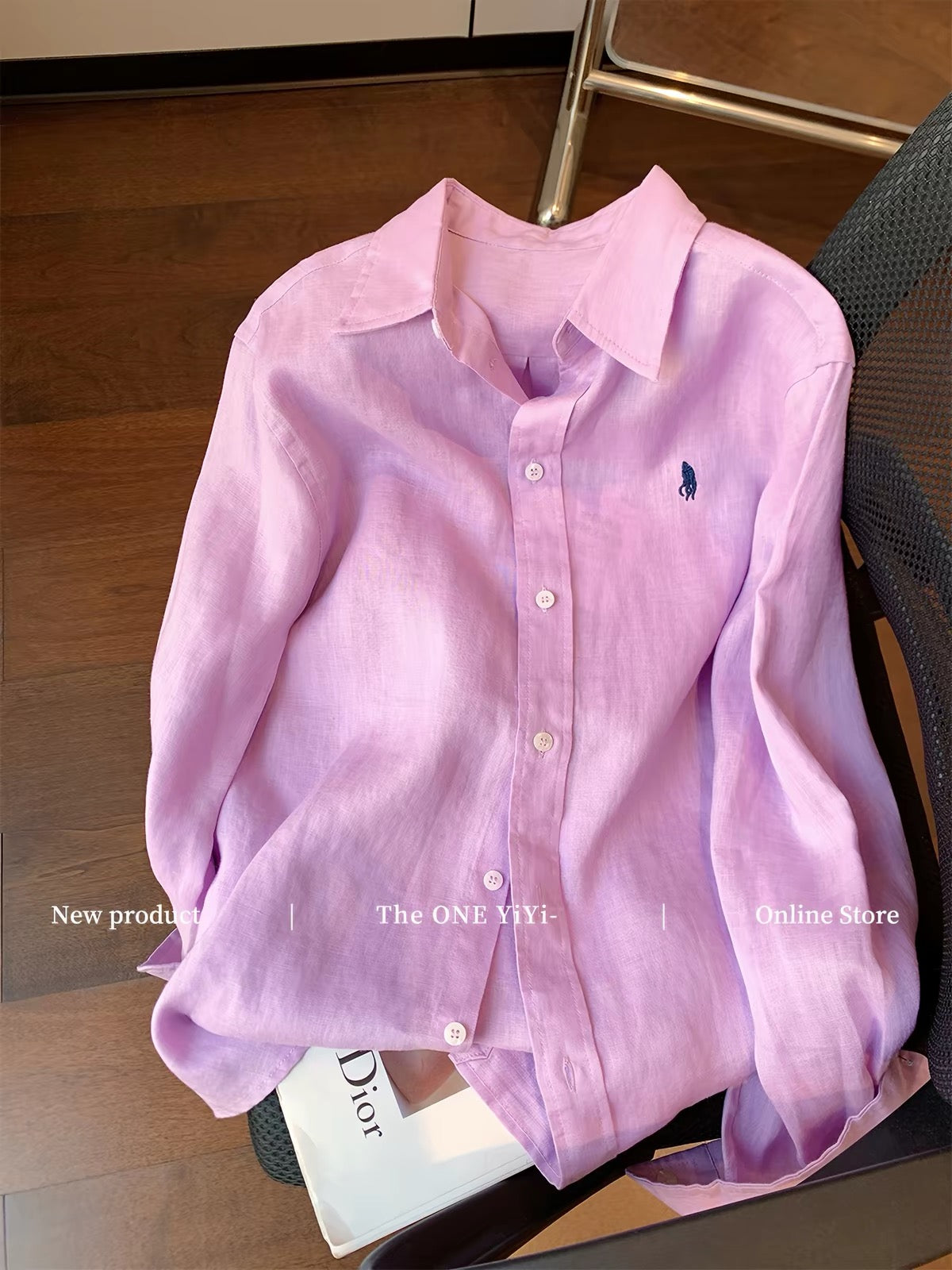 Old Money" Style Purple Cotton-Linen Shirt with Small Horse Embroidery and Collar – Women's Autumn 2026 New Arrival: Minimalist, Sophisticated, and Slimming Fit