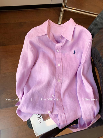 Old Money" Style Purple Cotton-Linen Shirt with Small Horse Embroidery and Collar – Women's Autumn 2026 New Arrival: Minimalist, Sophisticated, and Slimming Fit