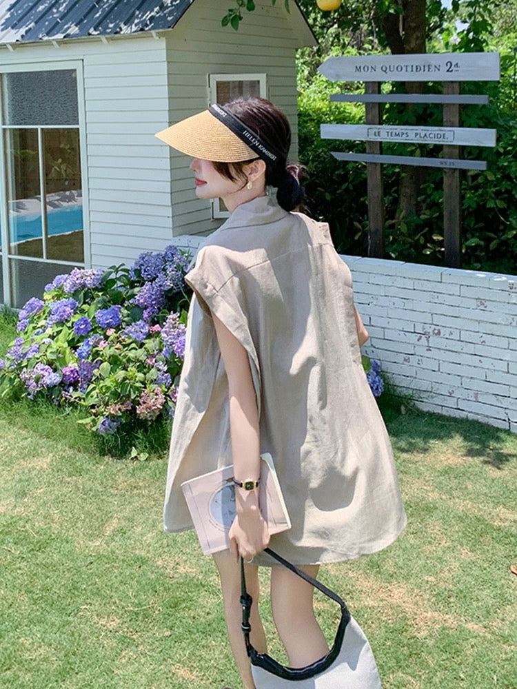 Apricot Korean high-end shorts suit for women summer 2024 new sleeveless shirt casual temperament two-piece set