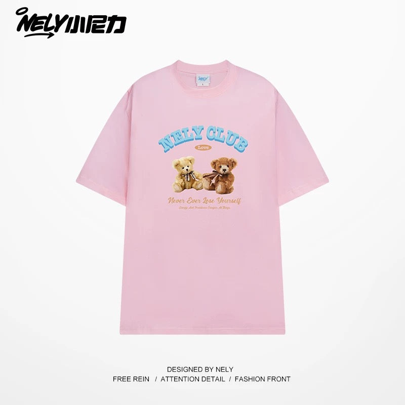 NELY American retro bear print cotton short-sleeved T-shirt for men and women summer 2025 new round neck T-shirt