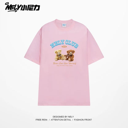 NELY American retro bear print cotton short-sleeved T-shirt for men and women summer 2025 new round neck T-shirt
