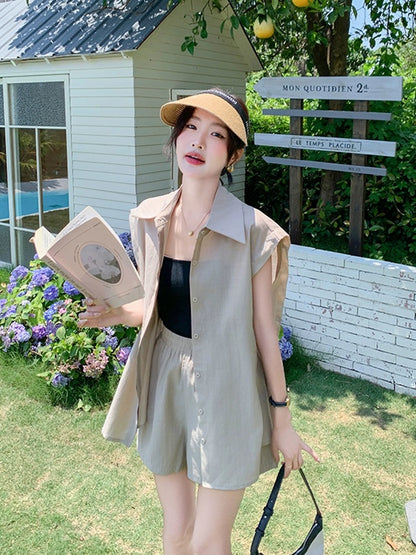 Apricot Korean high-end shorts suit for women summer 2024 new sleeveless shirt casual temperament two-piece set