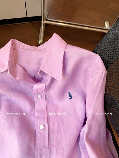 Old Money" Style Purple Cotton-Linen Shirt with Small Horse Embroidery and Collar – Women's Autumn 2026 New Arrival: Minimalist, Sophisticated, and Slimming Fit