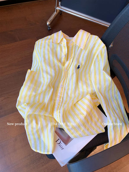 Women's Relaxed-Fit Yellow Striped Linen Long-Sleeve Shirt – Early Autumn 2026 New Arrival (American Casual Style)