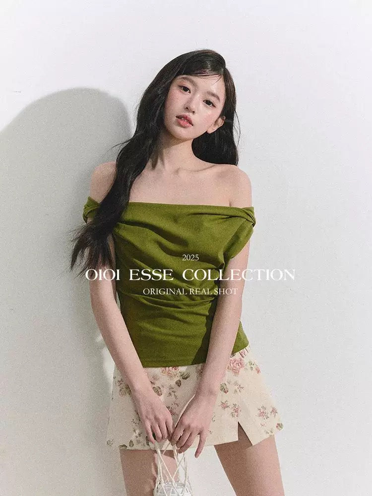 OIOI ESSE/"When the Green Hills Awaken" Off-Shoulder Short-Sleeve Asymmetrical Neck T-Shirt Women's French Style Solid Color Design Top