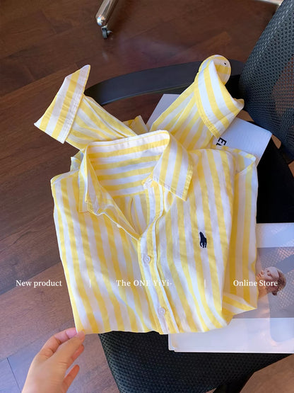 Women's Relaxed-Fit Yellow Striped Linen Long-Sleeve Shirt – Early Autumn 2026 New Arrival (American Casual Style)